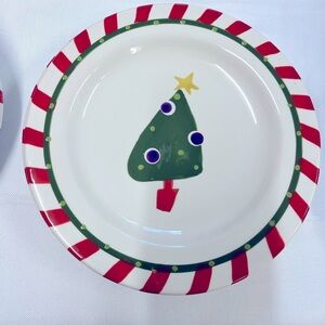 2 Pier 1 Holiday Dessert Plates Tree striped Rim Hand painted Ironstone 7.5”